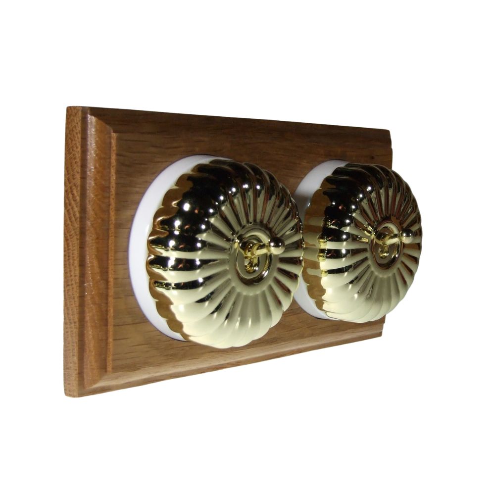 Period Fluted Polished Brass Dome Double Dolly Light Switch Oak White Horizontal
