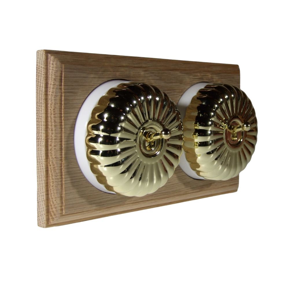 Period Fluted Polished Brass Dome Double Dolly Light Switch Unfinished Oak White Horizontal