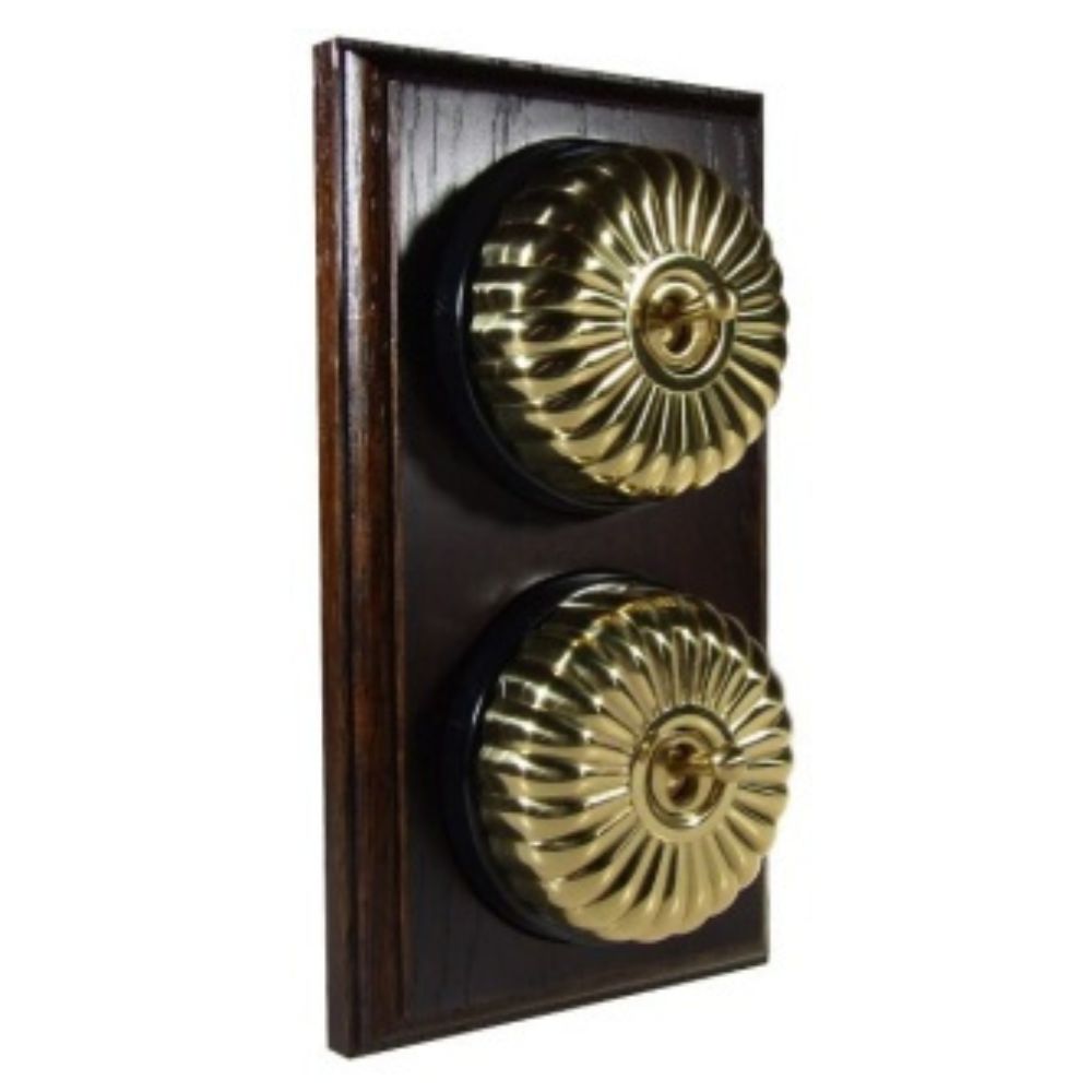 Period Fluted Polished Brass Dome Double Dolly Light Switch Dark Oak Black Vertical