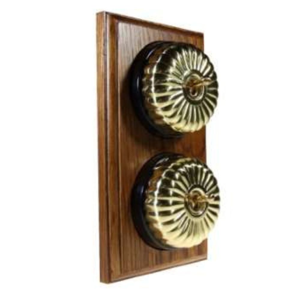 Period Fluted Polished Brass Dome Double Dolly Light Switch Medium Oak Black Vertical