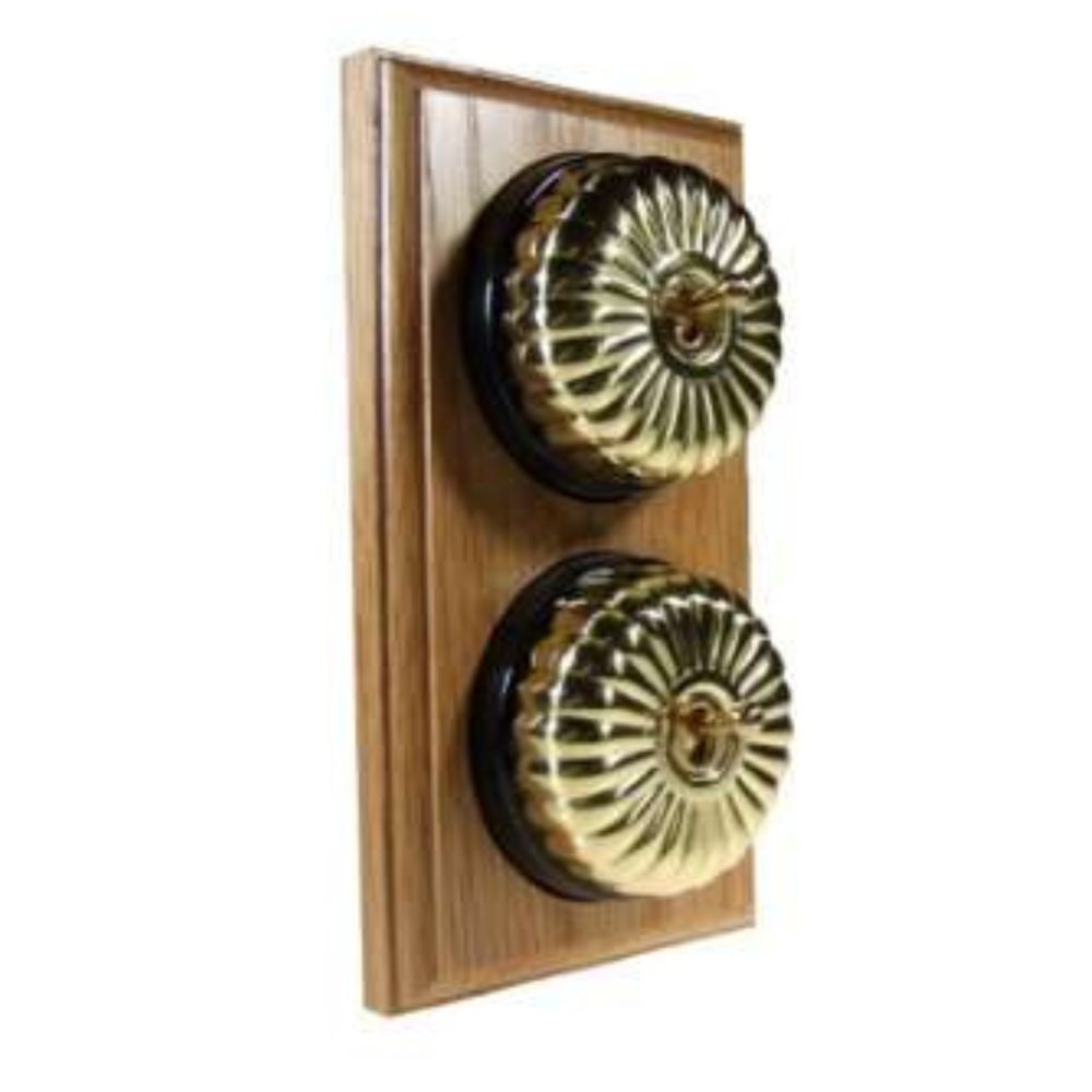 Period Fluted Polished Brass Dome Double Dolly Light Switch Medium Oak Black Vertical