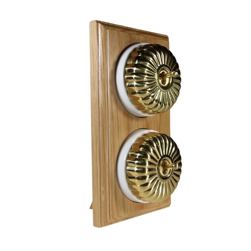 Period Fluted Polished Brass Dome Double Dolly Light Switch Oak White Vertical