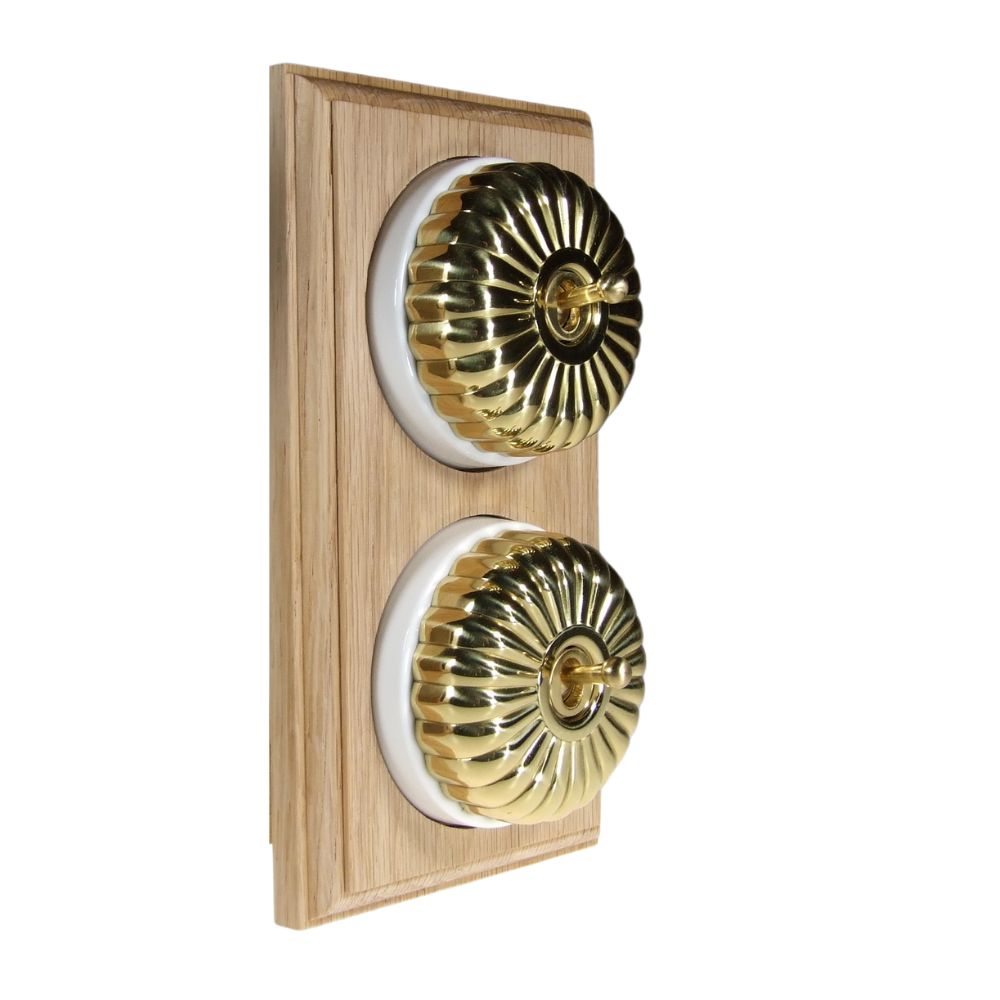 Period Fluted Polished Brass Dome Double Dolly Light Switch Unfinished Oak White Vertical