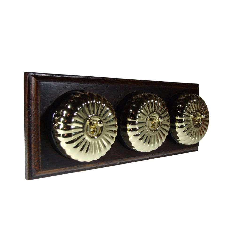 Period Fluted Polished Brass Dome Triple Dolly Light Switch Dark Oak Black Horizontal