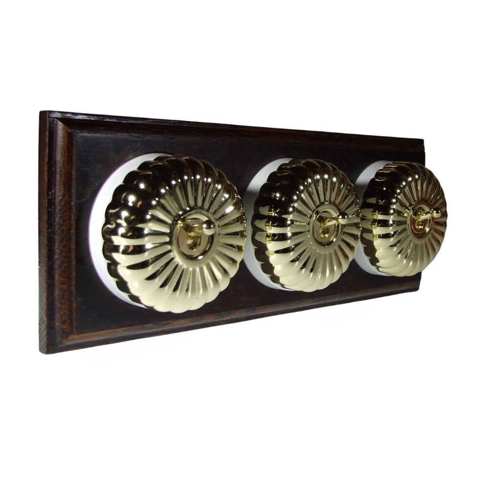 Period Fluted Polished Brass Dome Triple Dolly Light Switch Dark Oak White Horizontal