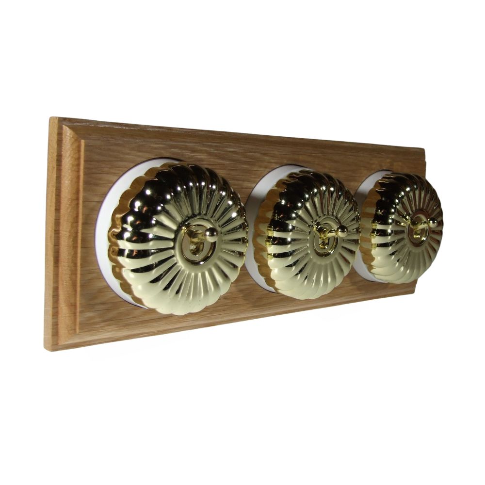 Period Fluted Polished Brass Dome Triple Dolly Light Switch Oak White Horizontal