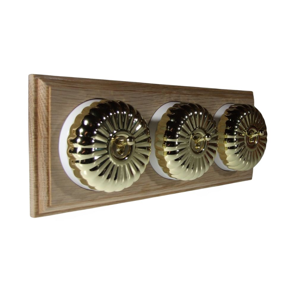 Period Fluted Polished Brass Dome Triple Dolly Light Switch Unfinished Oak White Horizontal