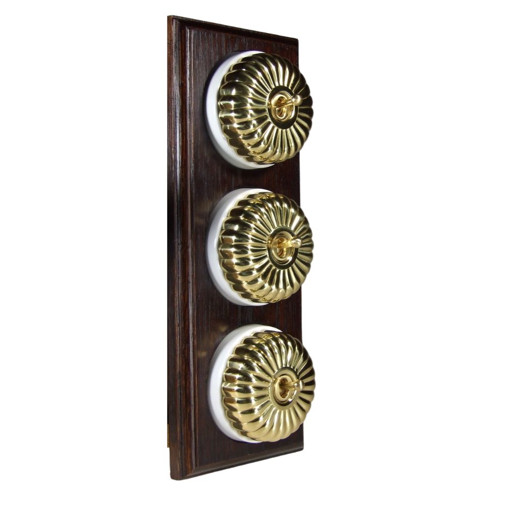 Period Fluted Polished Brass Dome Triple Dolly Light Switch Dark Oak White Vertical