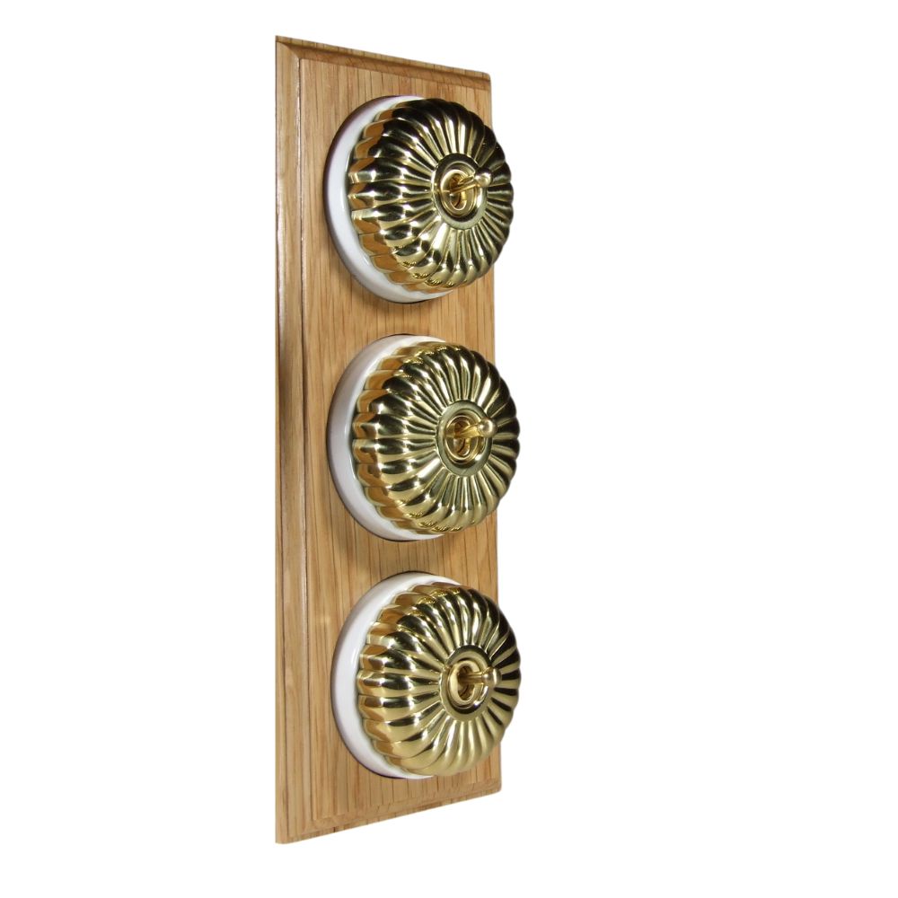 Period Fluted Polished Brass Dome Triple Dolly Light Switch Oak White Vertical