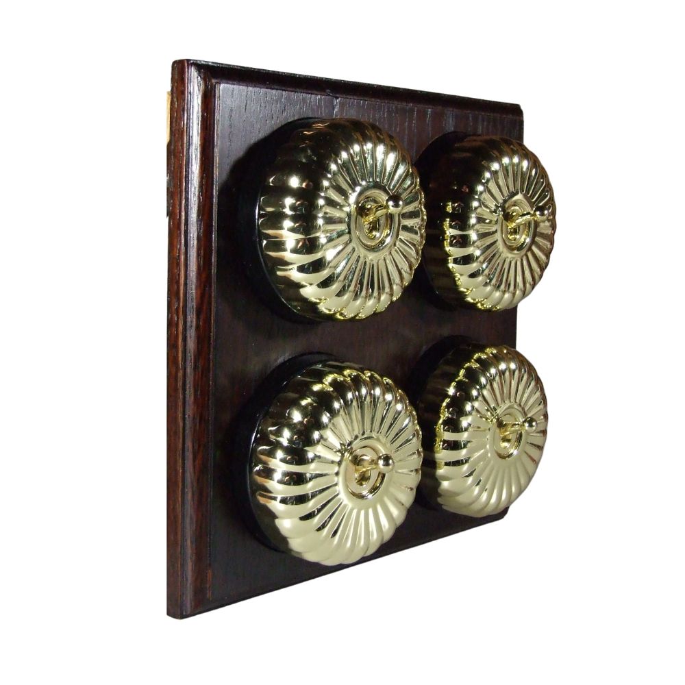 Period Fluted Polished Brass Dome 4 Dolly Light Switch Dark Oak Black