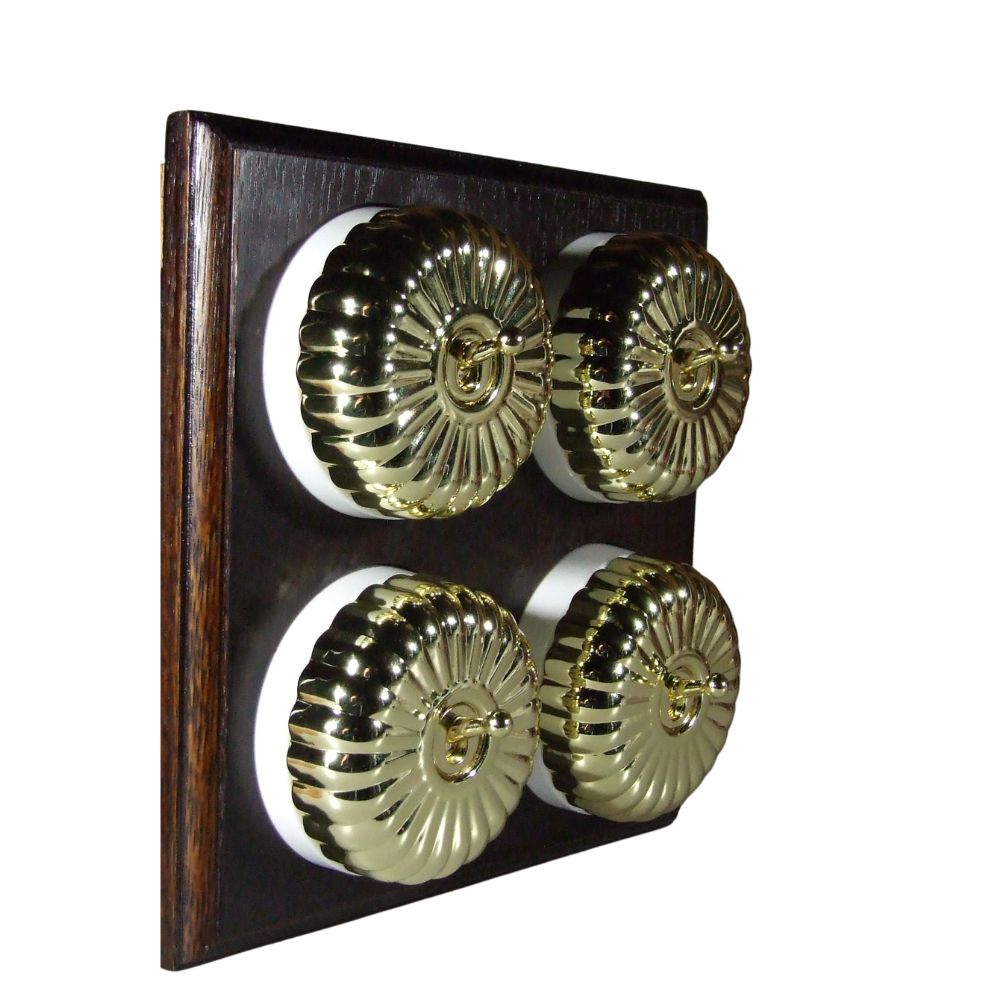 Period Fluted Polished Brass Dome 4 Dolly Light Switch Dark Oak White
