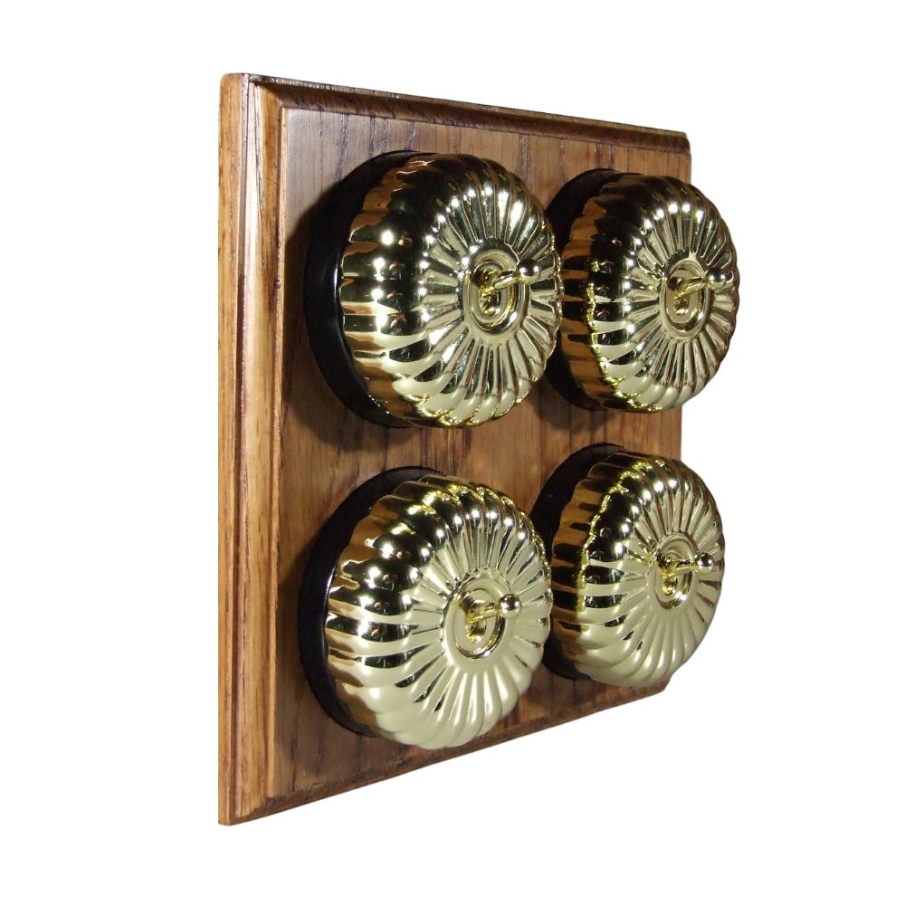 Period Fluted Polished Brass Dome 4 Dolly Light Switch Medium Oak Black