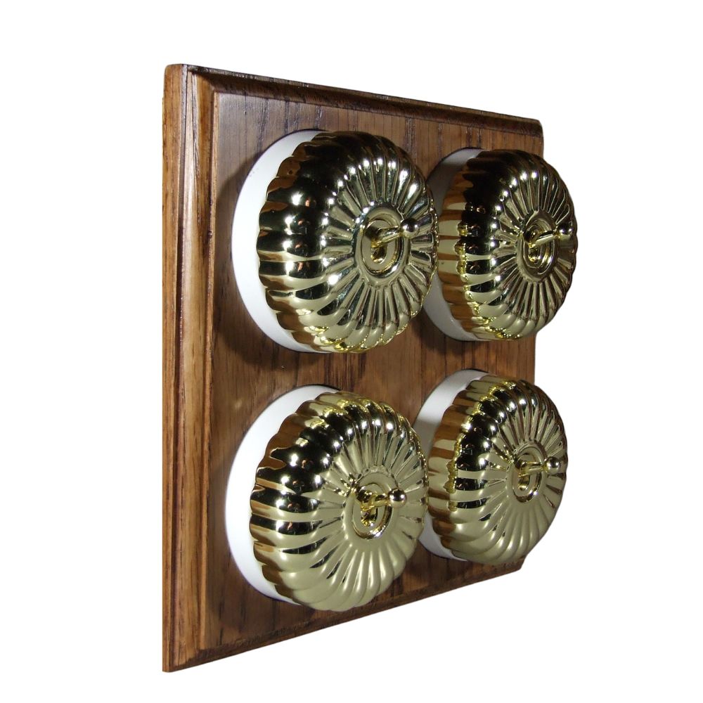 Period Fluted Polished Brass Dome 4 Dolly Light Switch Medium Oak White