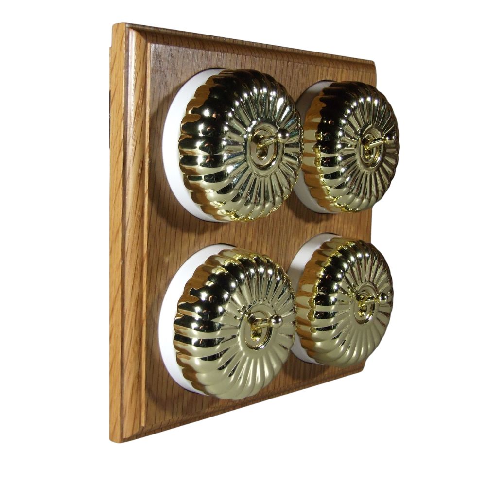 Period Fluted Polished Brass Dome 4 Dolly Light Switch Oak White