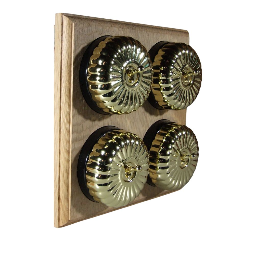 Period Fluted Polished Brass Dome 4 Dolly Light Switch Unfinished Oak Black
