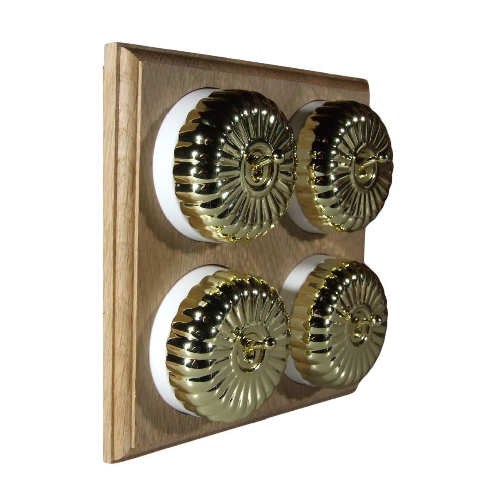 Period Fluted Polished Brass Dome 4 Dolly Light Switch Unfinished Oak White