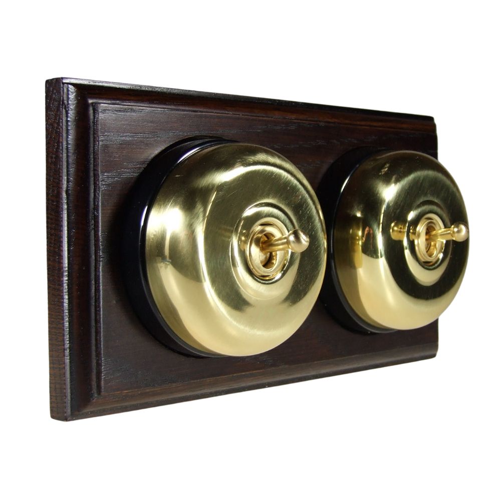 Period Smooth Polished Brass Dome Double Dolly Light Switch Dark Oak Black Horizontal