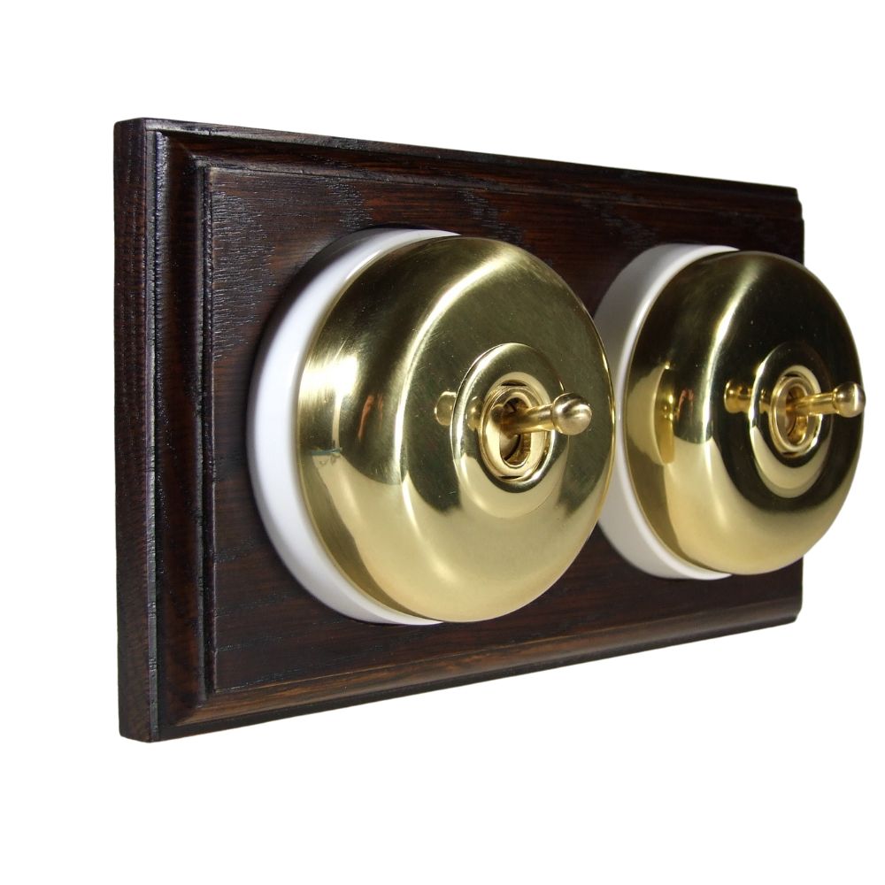 Period Smooth Polished Brass Dome Double Dolly Light Switch Dark Oak White Horizontal