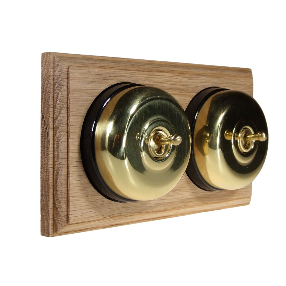 Period Smooth Polished Brass Dome Double Dolly Light Switch Unfinished Oak Black Horizontal
