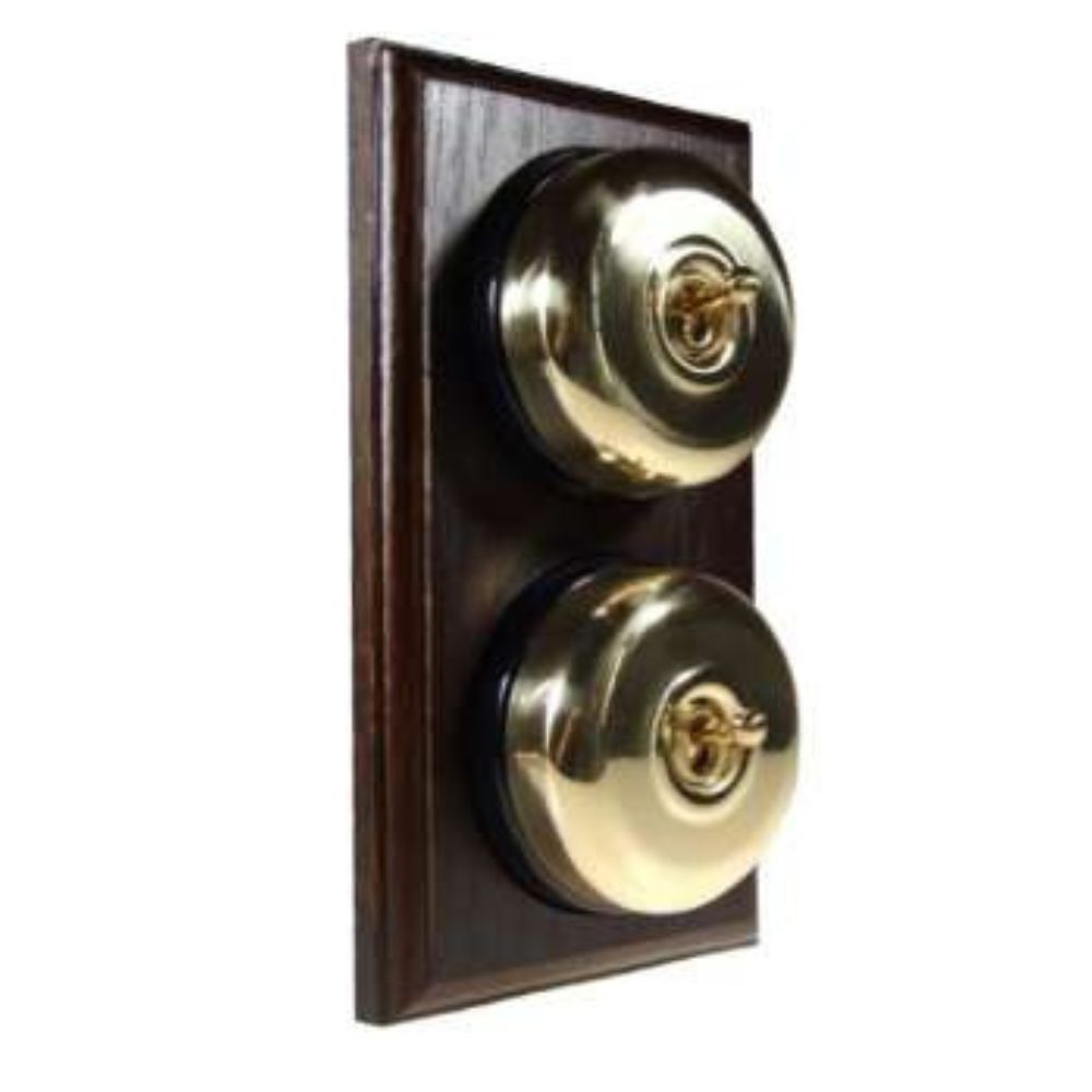 Period Smooth Polished Brass Dome Double Dolly Light Switch Dark Oak Black Vertical