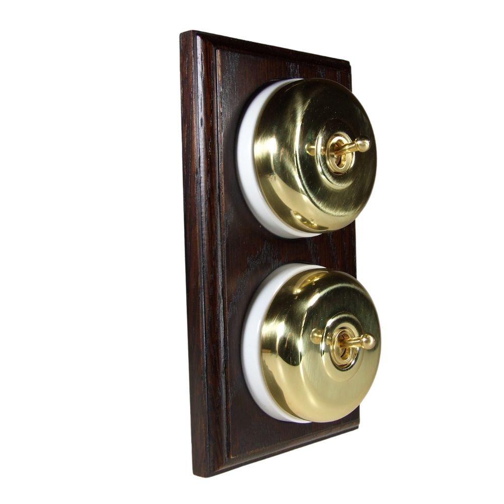 Period Smooth Polished Brass Dome Double Dolly Light Switch Dark Oak White Vertical