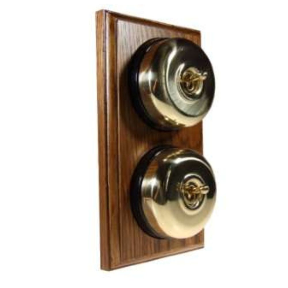 Period Smooth Polished Brass Dome Double Dolly Light Switch Medium Oak Black Vertical