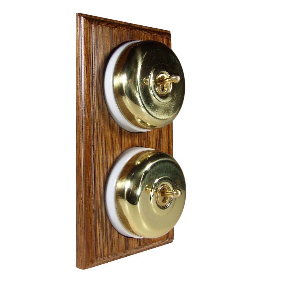 Period Smooth Polished Brass Dome Double Dolly Light Switch Medium Oak White Vertical