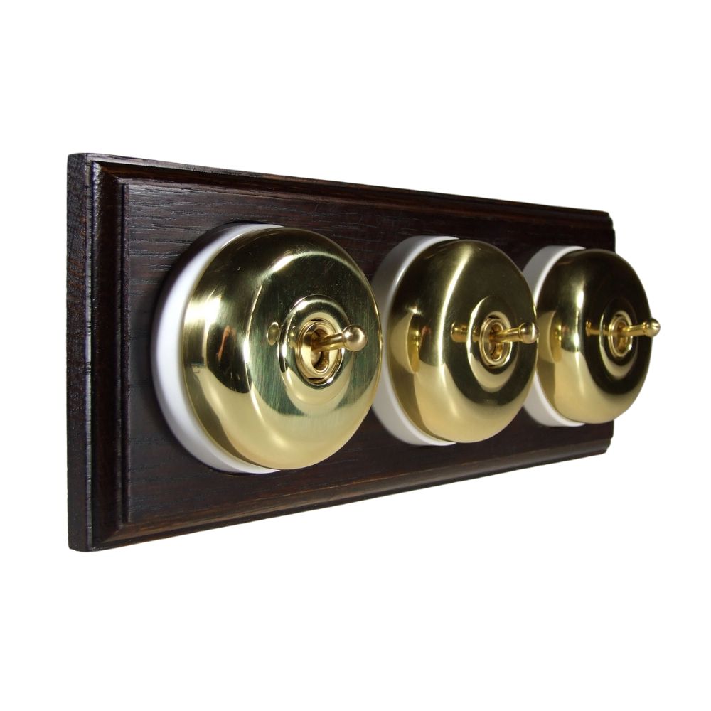 Period Smooth Polished Brass Dome Triple Dolly Light Switch Dark Oak White Horizontal