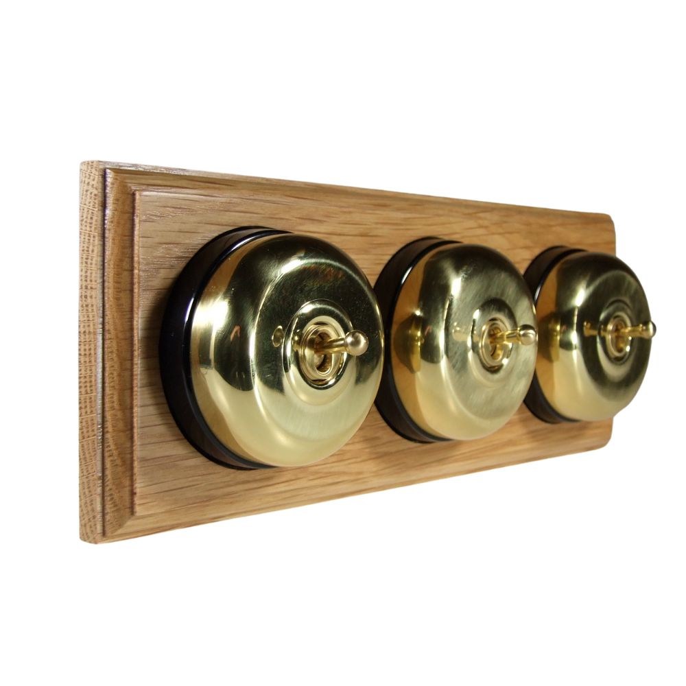 Period Smooth Polished Brass Dome Triple Dolly Light Switch Oak Black Horizontal