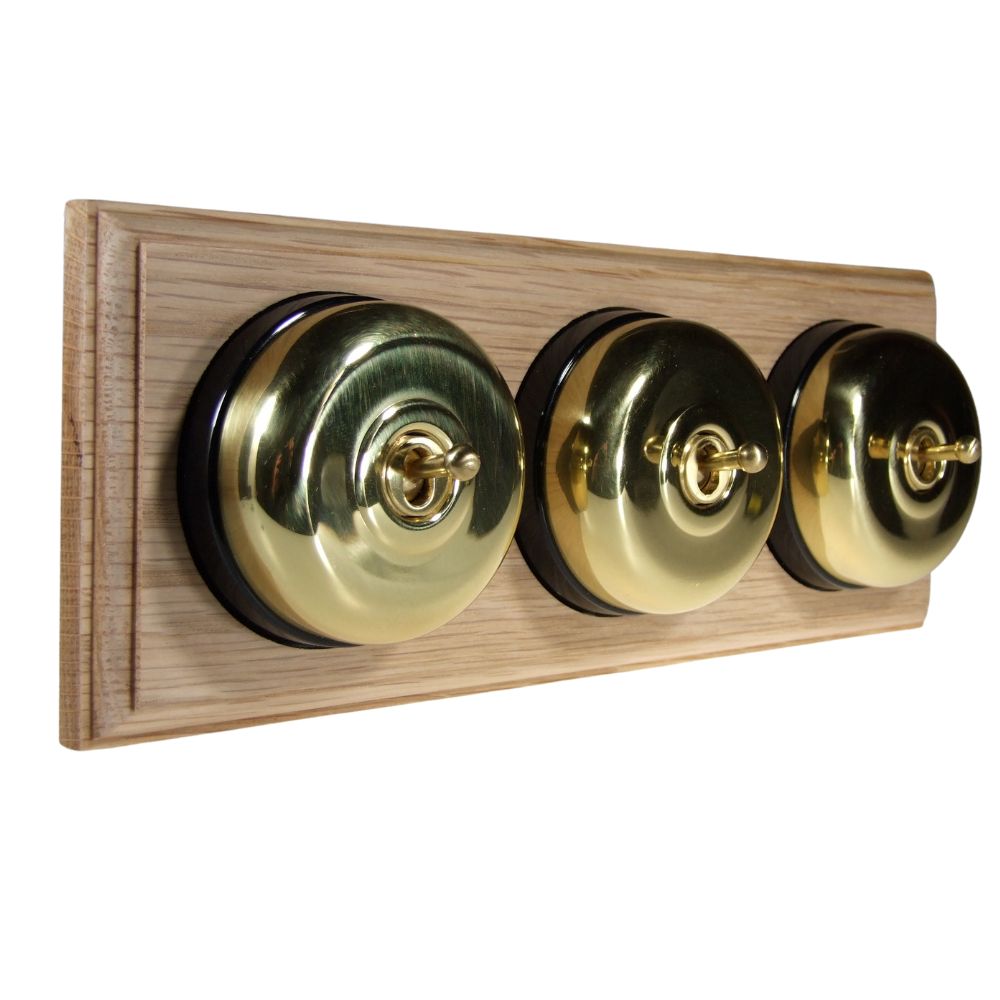 Period Smooth Polished Brass Dome Triple Dolly Light Switch Unfinished Oak Black Horizontal