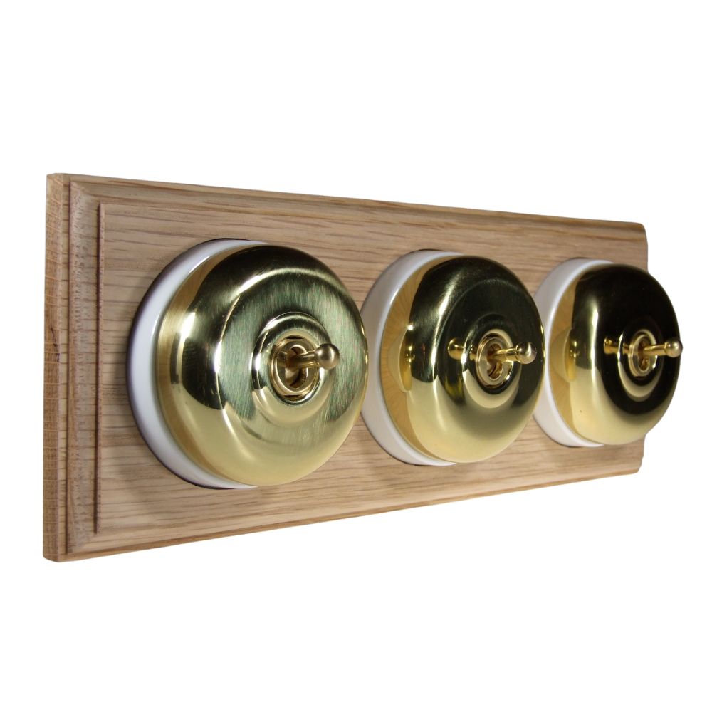 Period Smooth Polished Brass Dome Triple Dolly Light Switch Unfinished Oak White Horizontal