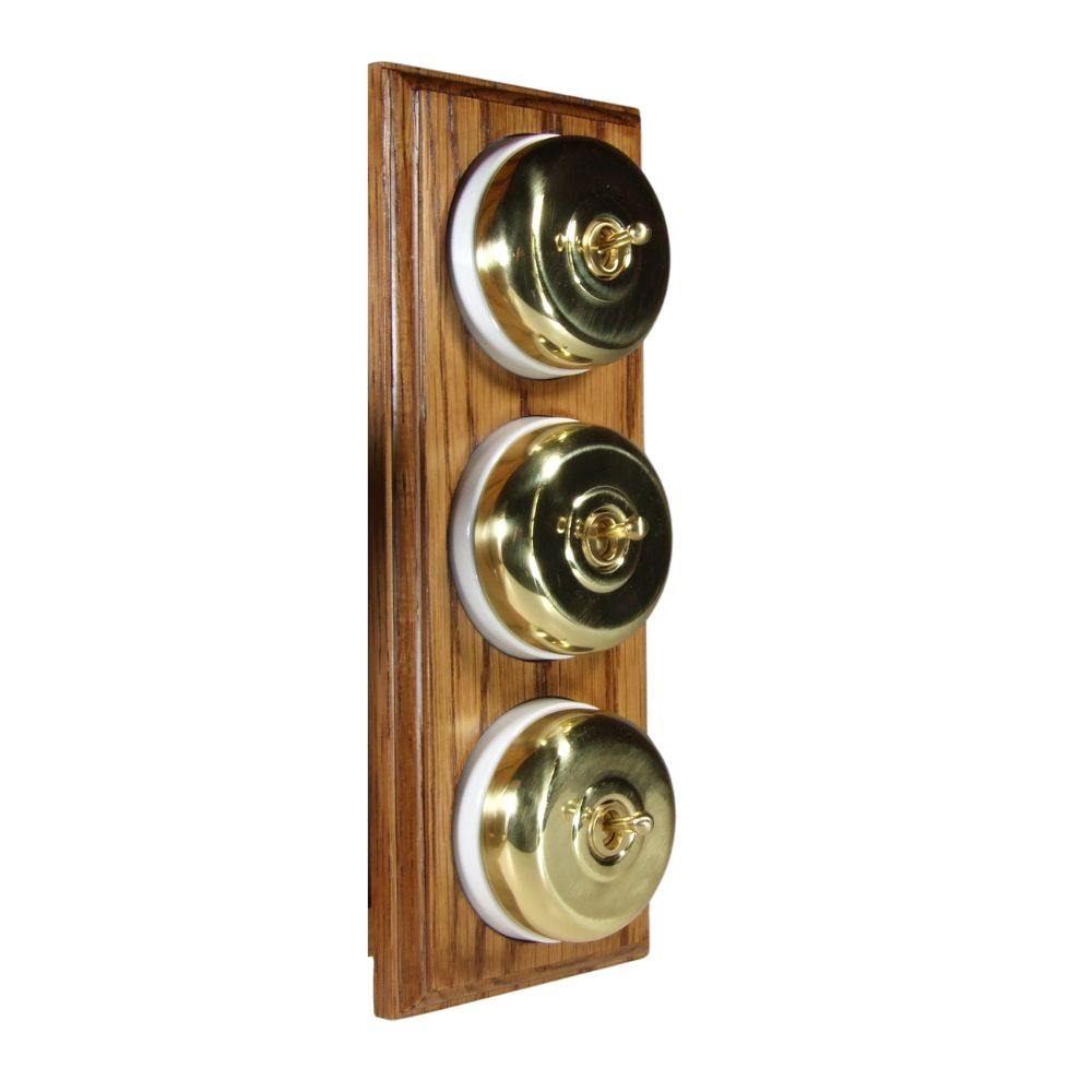 Period Smooth Polished Brass Dome Triple Dolly Light Switch Medium Oak White Vertical