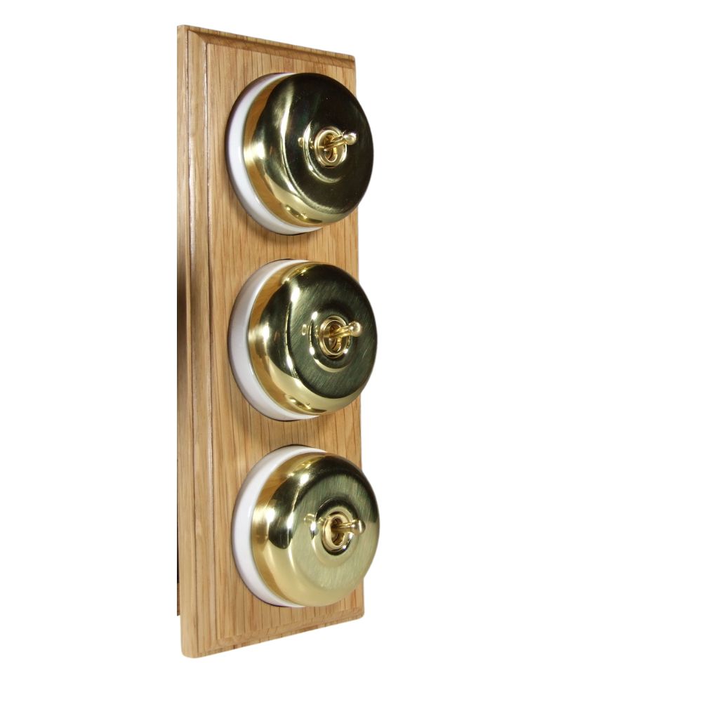 Period Smooth Polished Brass Dome Triple Dolly Light Switch Oak White Vertical