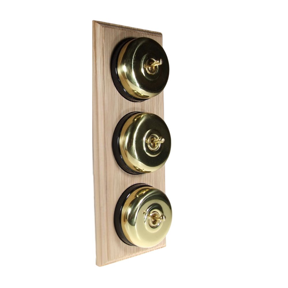 Period Smooth Polished Brass Dome Triple Dolly Light Switch Unfinished Oak Black Vertical