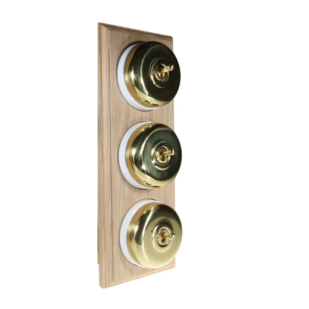 Period Smooth Polished Brass Dome Triple Dolly Light Switch Unfinished Oak White Vertical
