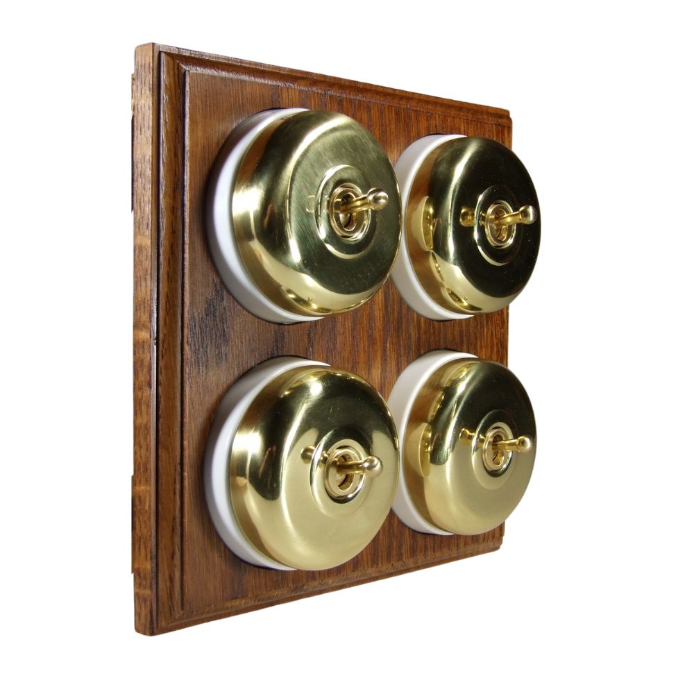 Period Smooth Polished Brass Dome 4 Dolly Light Switch Medium Oak White