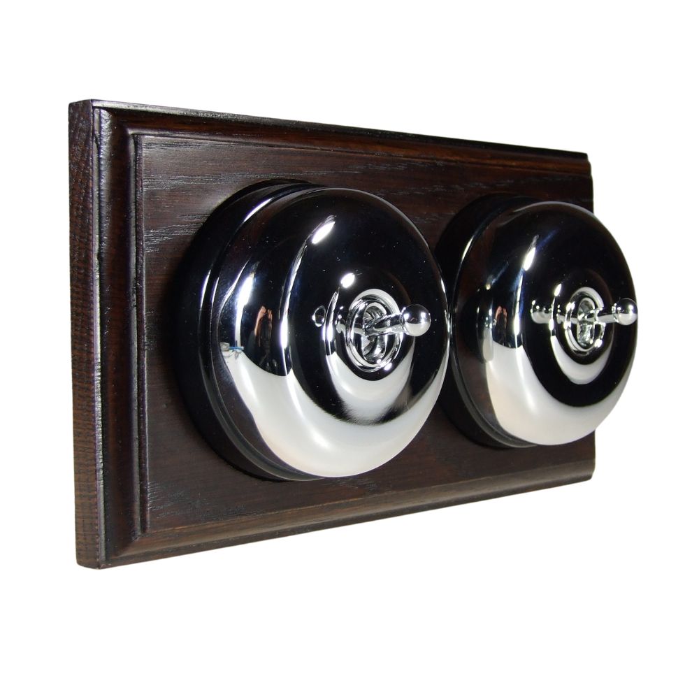 Period Smooth Polished Chrome Dome Double Dolly Light Switch Dark Oak Black Horizontal