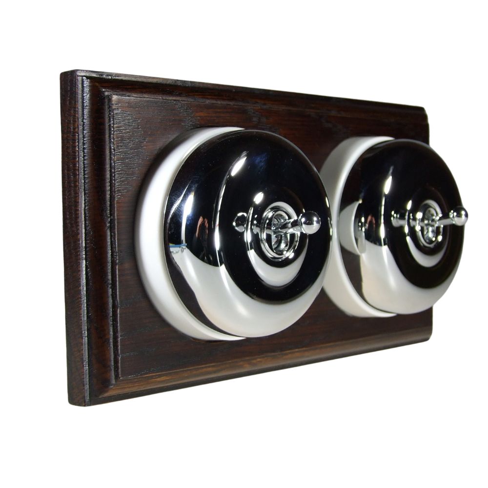 Period Smooth Polished Chrome Dome Double Dolly Light Switch Dark Oak White Horizontal