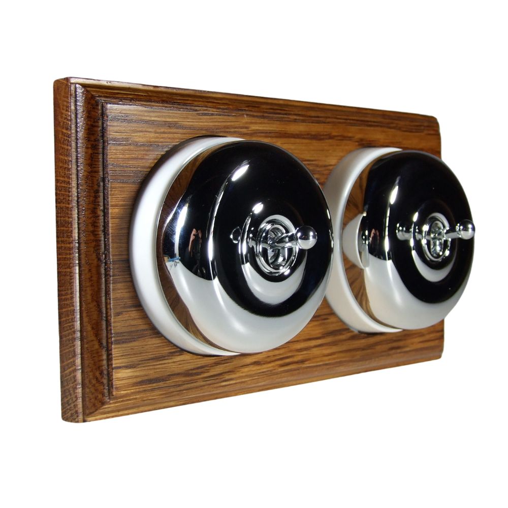 Period Smooth Polished Chrome Dome Double Dolly Light Switch Medium Oak White Horizontal