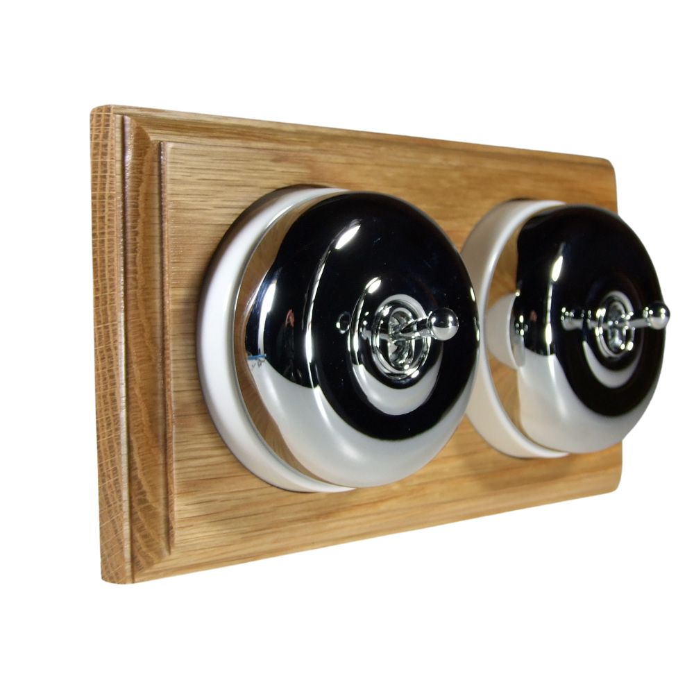 Period Smooth Polished Chrome Dome Double Dolly Light Switch Oak White Horizontal