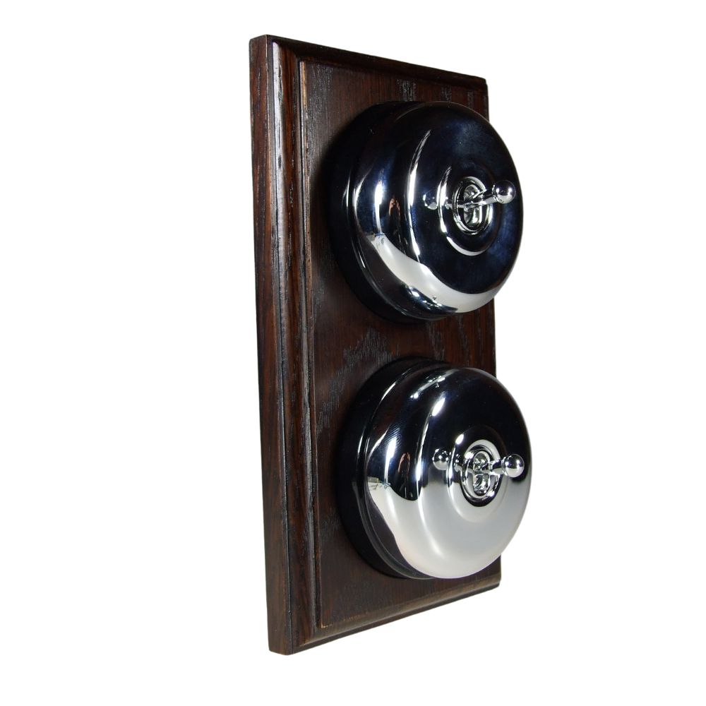 Period Smooth Polished Chrome Dome Double Dolly Light Switch Dark Oak Black Vertical