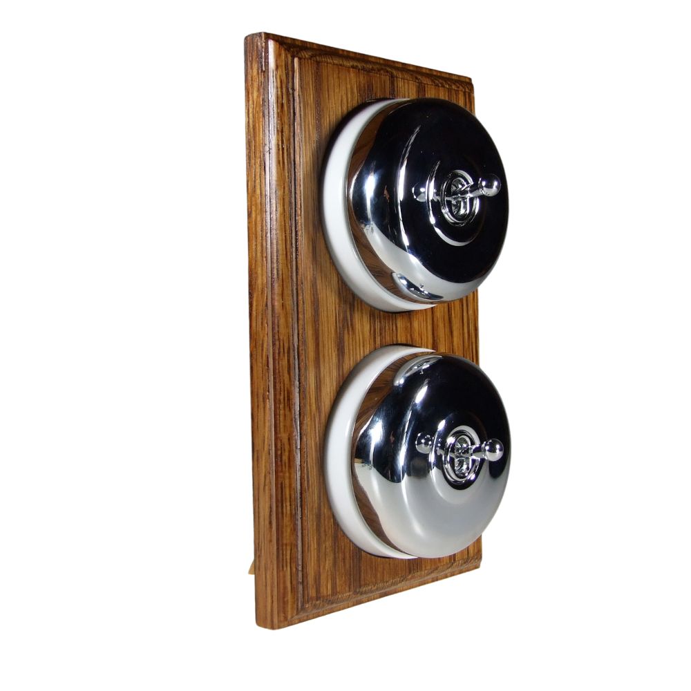 Period Smooth Polished Chrome Dome Double Dolly Light Switch Medium Oak White Vertical