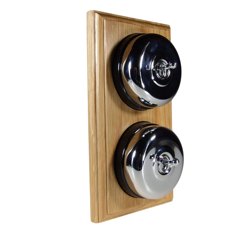 Period Smooth Polished Chrome Dome Double Dolly Light Switch Medium Oak Black Vertical