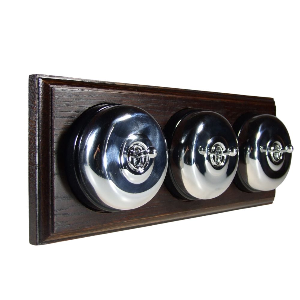 Period Smooth Polished Chrome Dome Triple Dolly Light Switch Dark Oak Black Horizontal