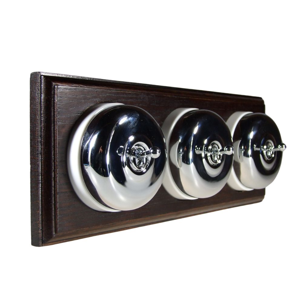 Period Smooth Polished Chrome Dome Triple Dolly Light Switch Dark Oak White Horizontal
