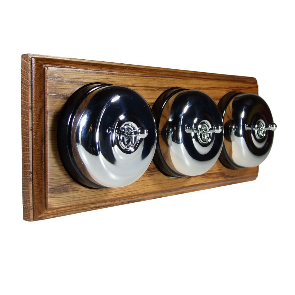 Period Smooth Polished Chrome Dome Triple Dolly Light Switch Medium Oak Black Horizontal