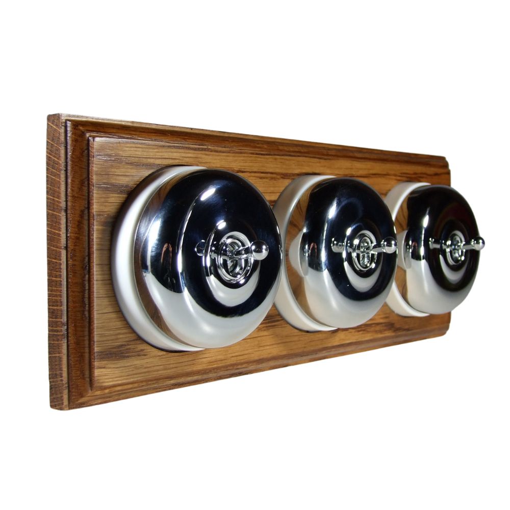 Period Smooth Polished Chrome Dome Triple Dolly Light Switch Medium Oak White Horizontal