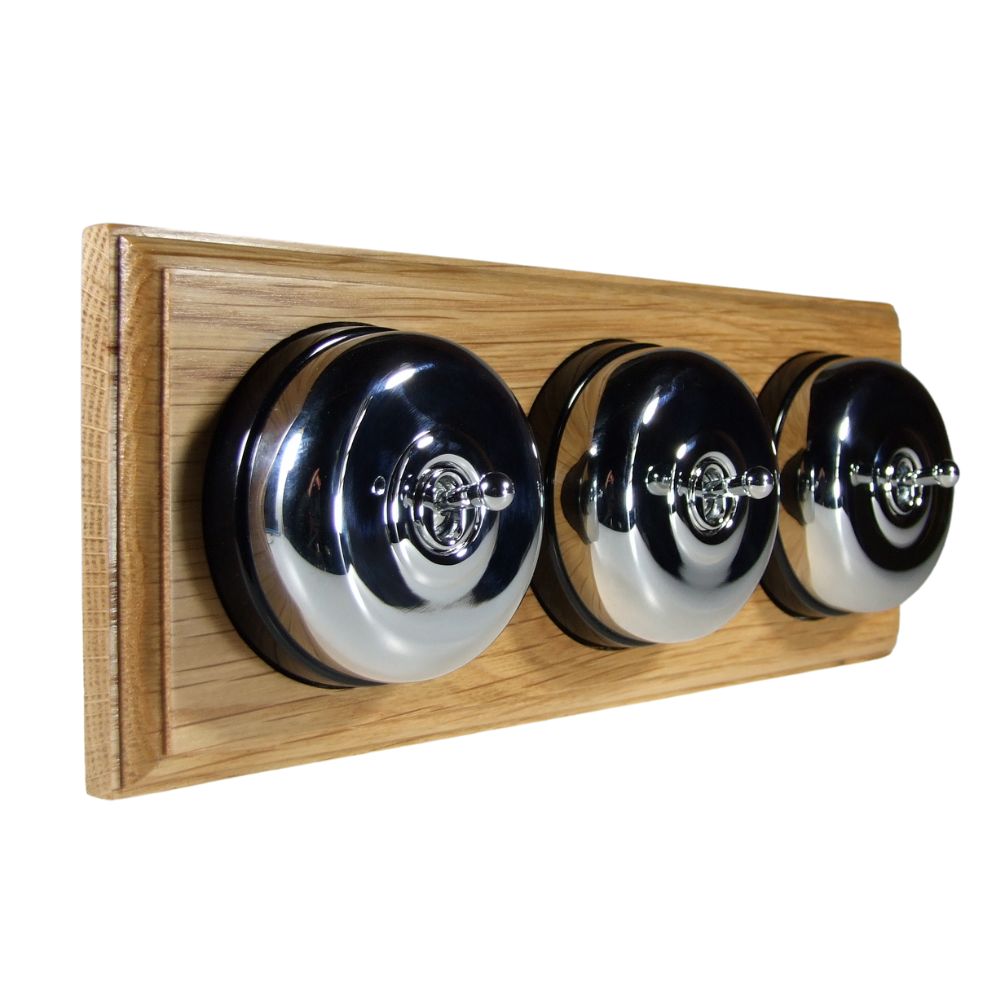 Period Smooth Polished Chrome Dome Triple Dolly Light Switch Oak Black Horizontal