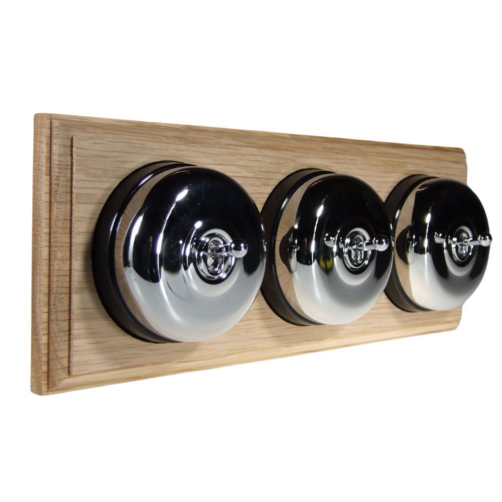 Period Smooth Polished Chrome Dome Triple Dolly Light Switch Unfinished Oak Black Horizontal