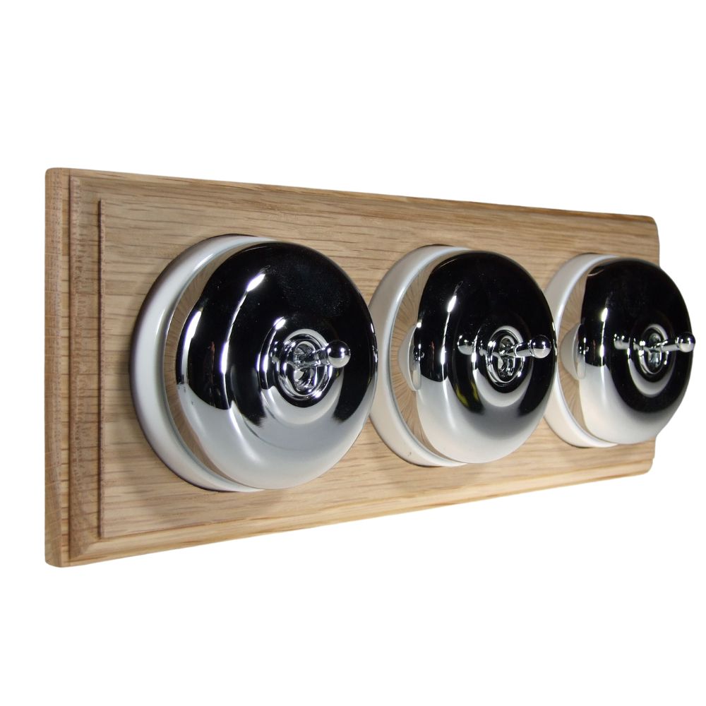 Period Smooth Polished Chrome Dome Triple Dolly Light Switch Unfinished Oak White Horizontal